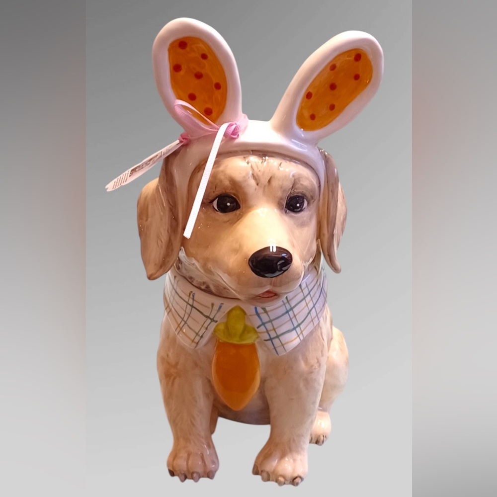 BLUE Sky Lab / Golden Retriever Easter Bunny Dog Cookie Jar Treat Canister New